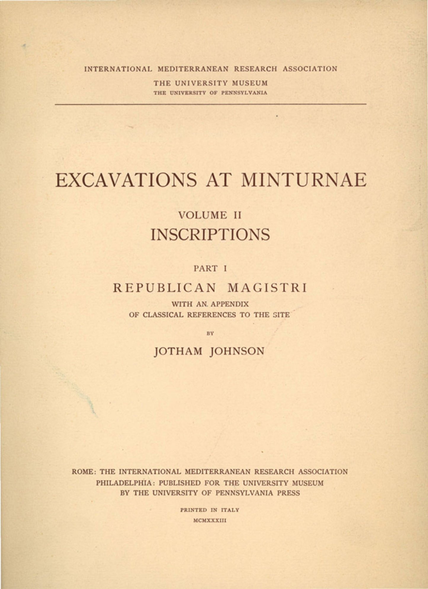 Cover image for Excavations at Minturnae, II ISBN 9780686119067