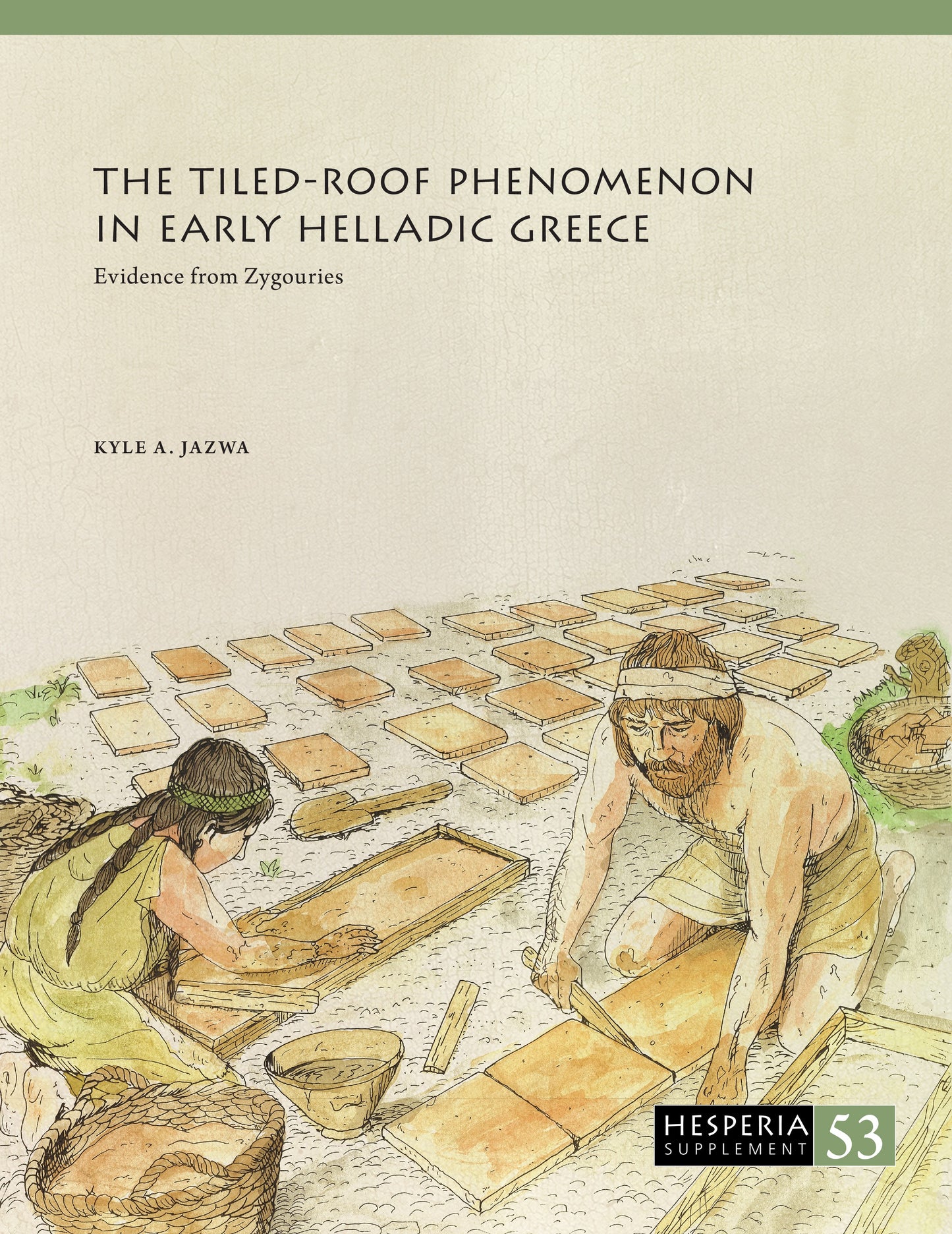 Book cover of 'The Tiled-Roof Phenomenon in Early Helladic Greece' with illustrations of people working on tiled roofs.