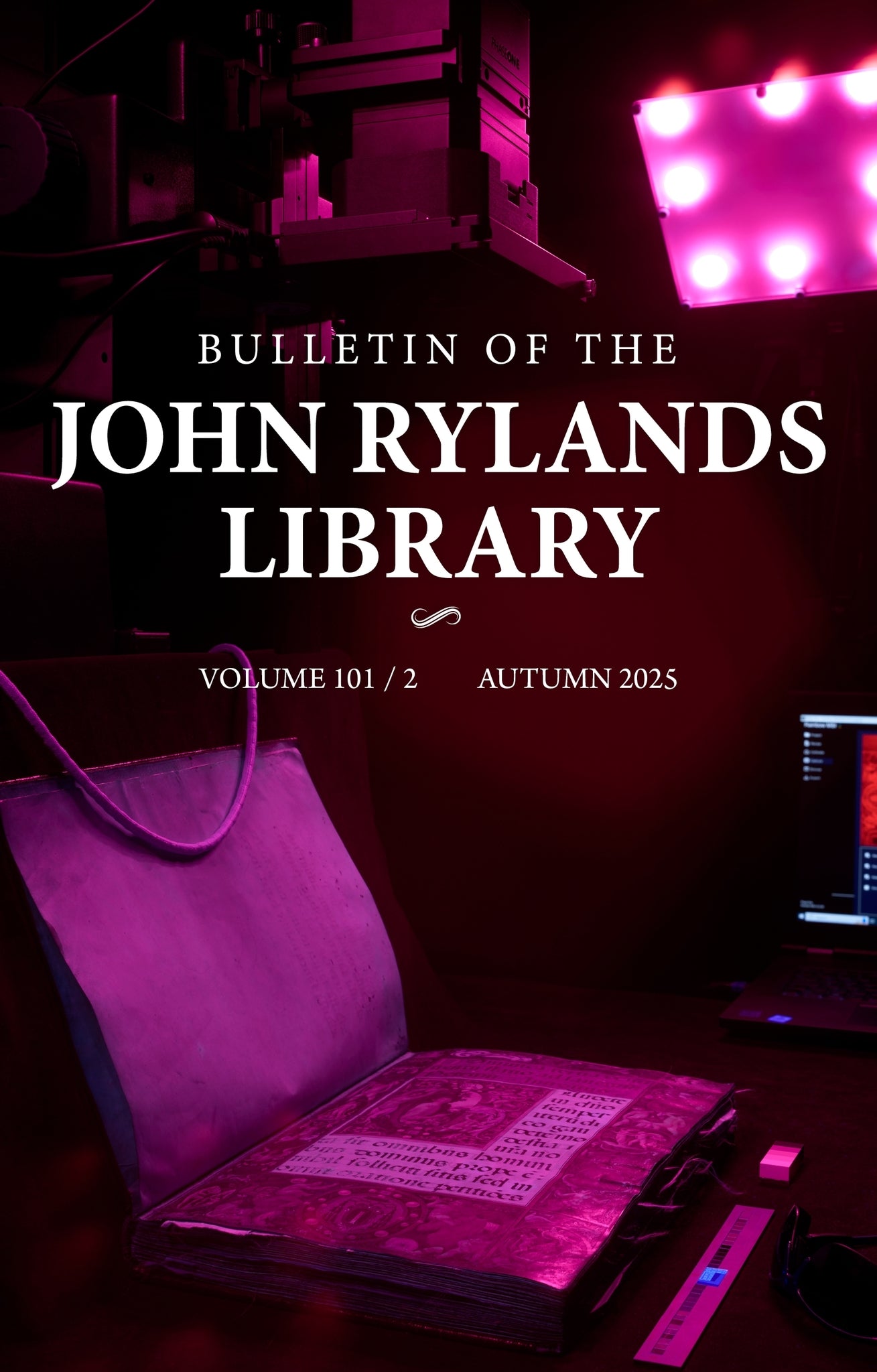Cover of the Bulletin of the John Rylands Library with a purple hue and text overlay.
