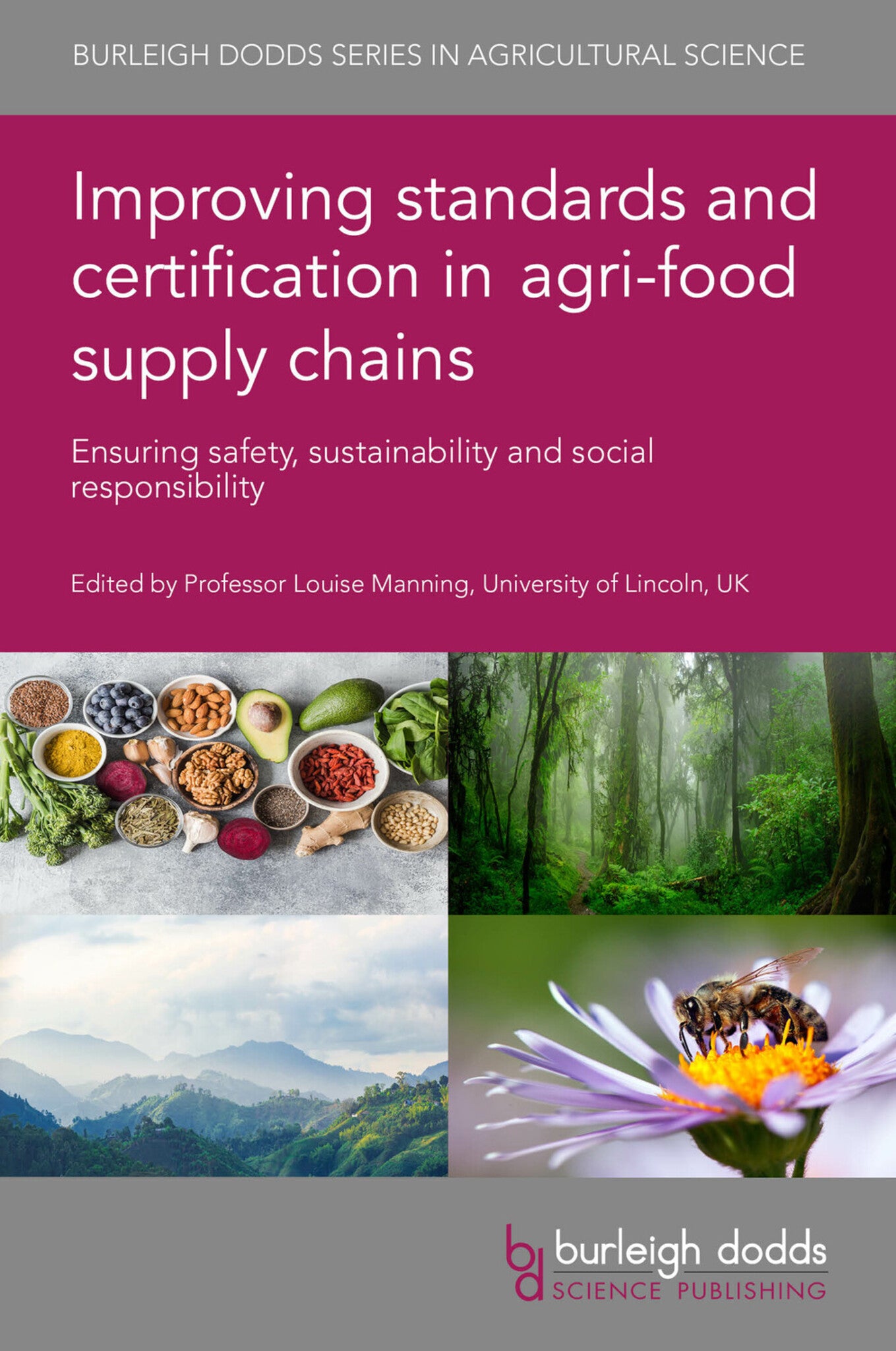 Book cover of 'Improving standards and certification in agri-food supply chains' with images of food, nature, and a bee.