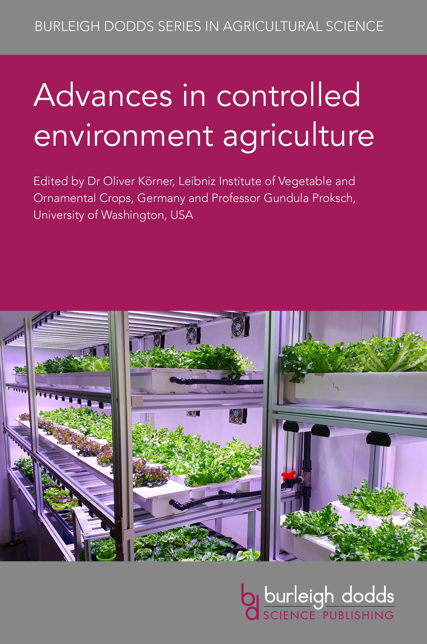 Book cover of 'Advances in controlled environment agriculture' with a purple background and images of indoor farming.
