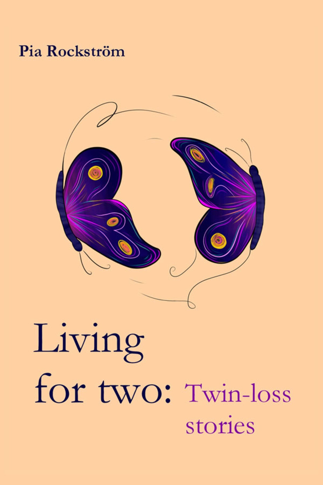 Book cover with two purple butterflies and text about twin-loss stories by Pia Rockström on a beige background